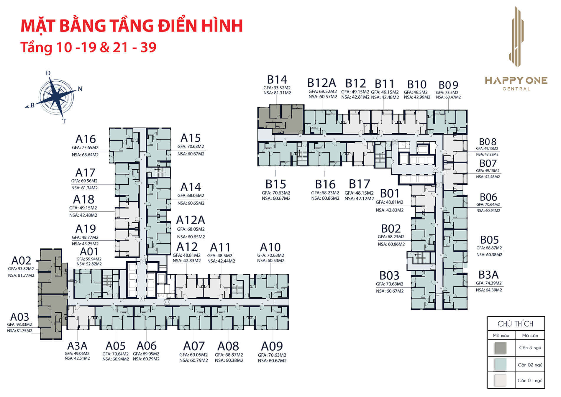 Thiết kế mặt bằng tầng 10 đến tầng 19 và tầng 21 đến 39 dự án Happy One Central