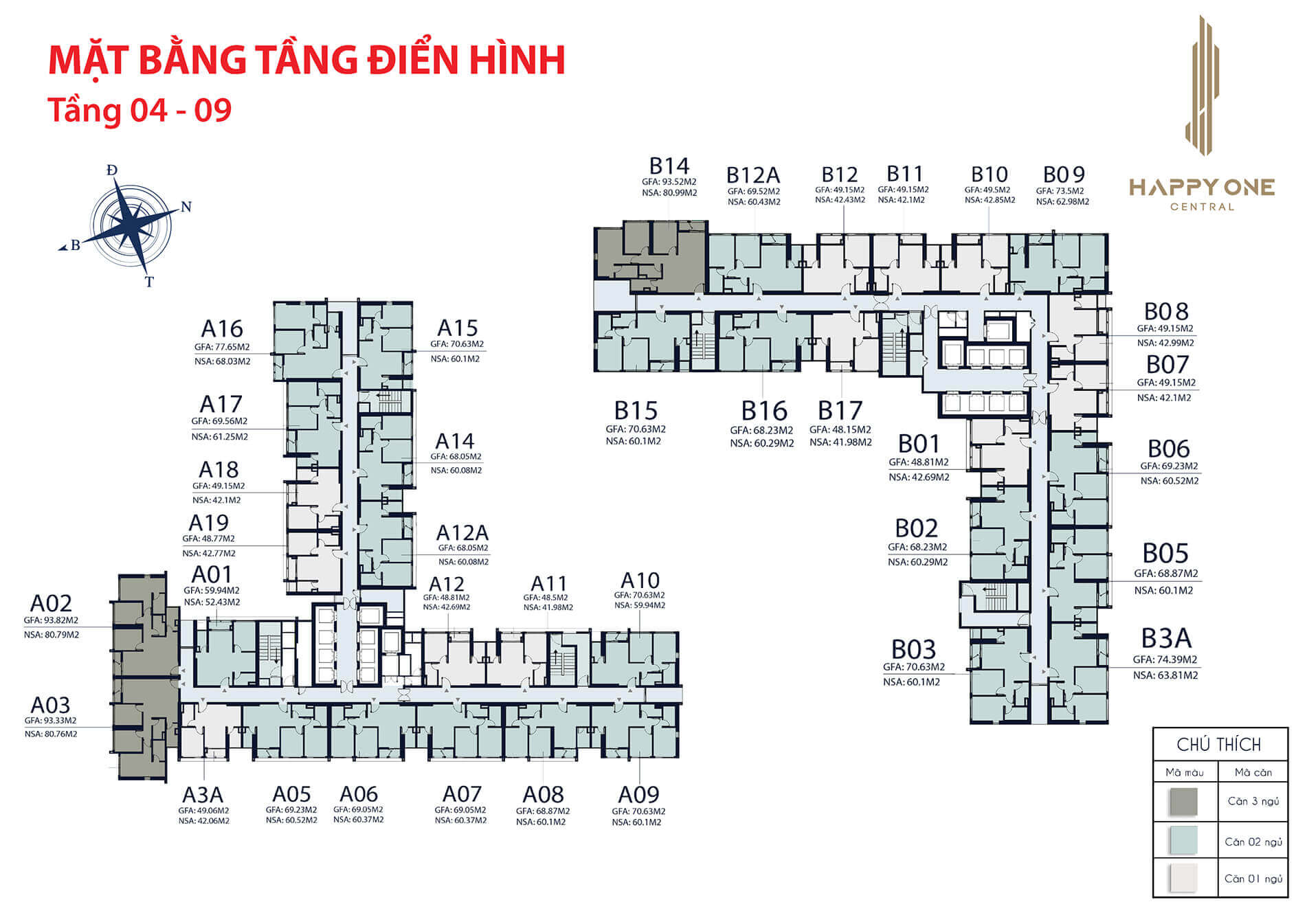 Thiết kế mặt bằng tầng 4 đến tầng 9 dự án Happy One Central